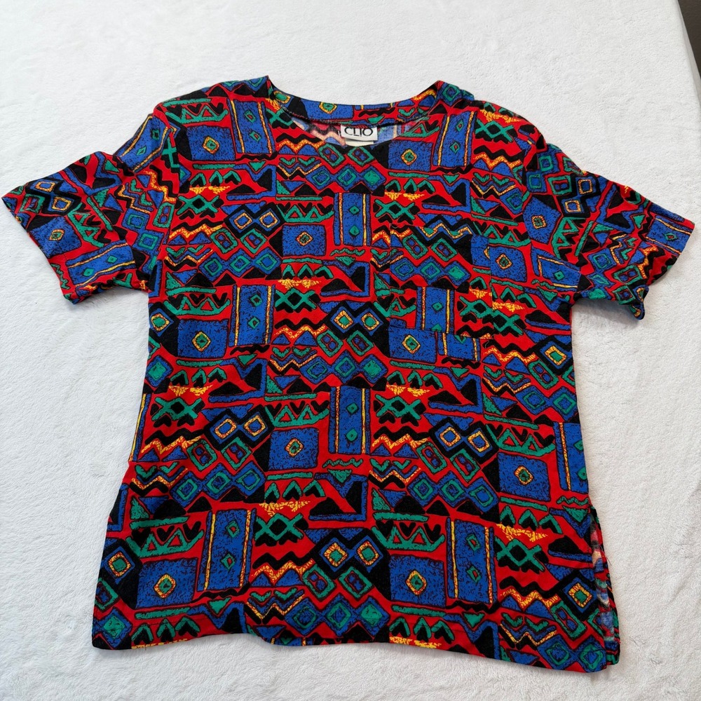 Clio Geometric Abstract Print Top Womens Size Medium Multicolor Good Vintage 90s